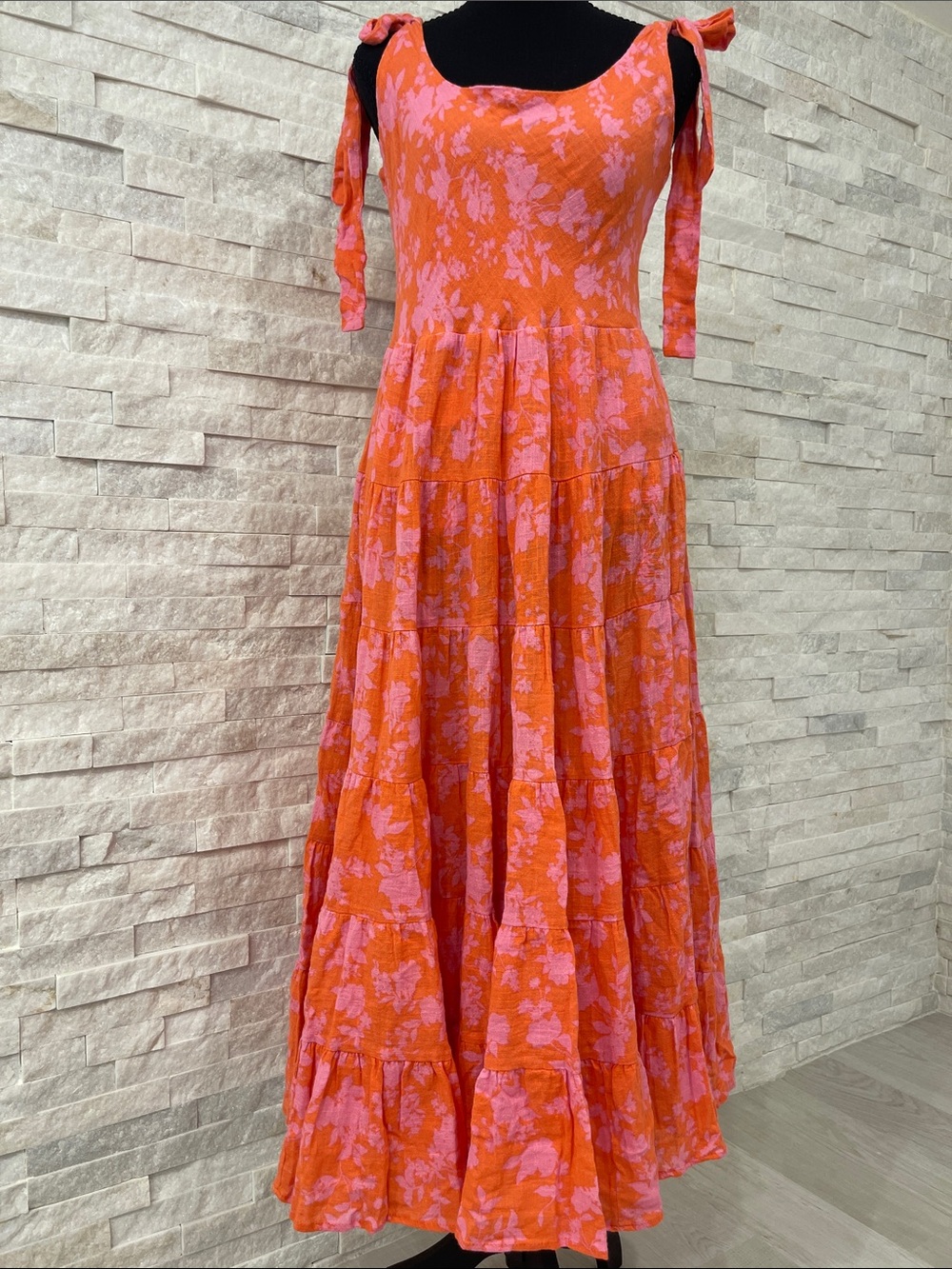 Olivaceous Orange and Pink Tie-Shoulder Maxi Dress